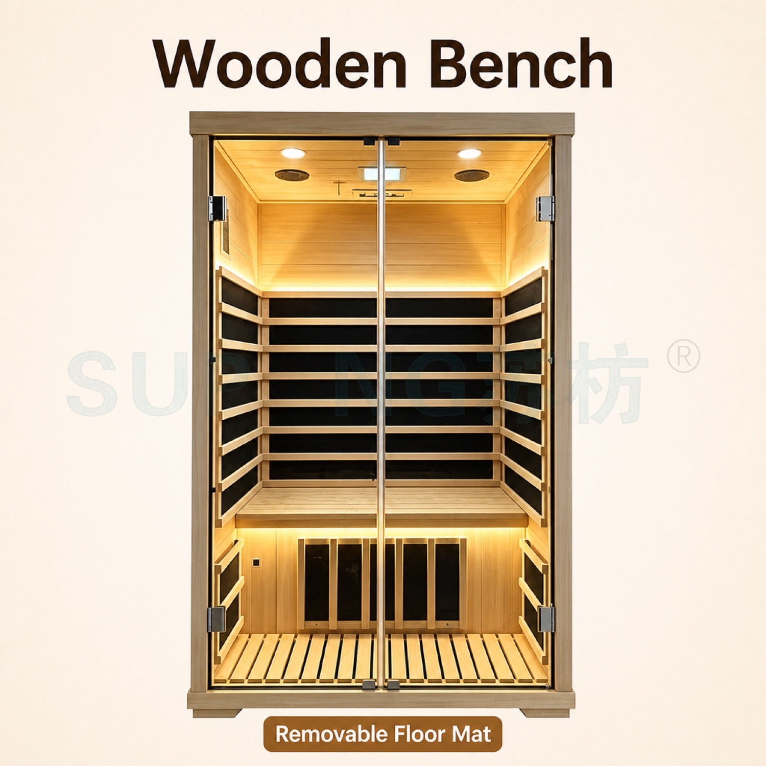 wooden bench and floor mat