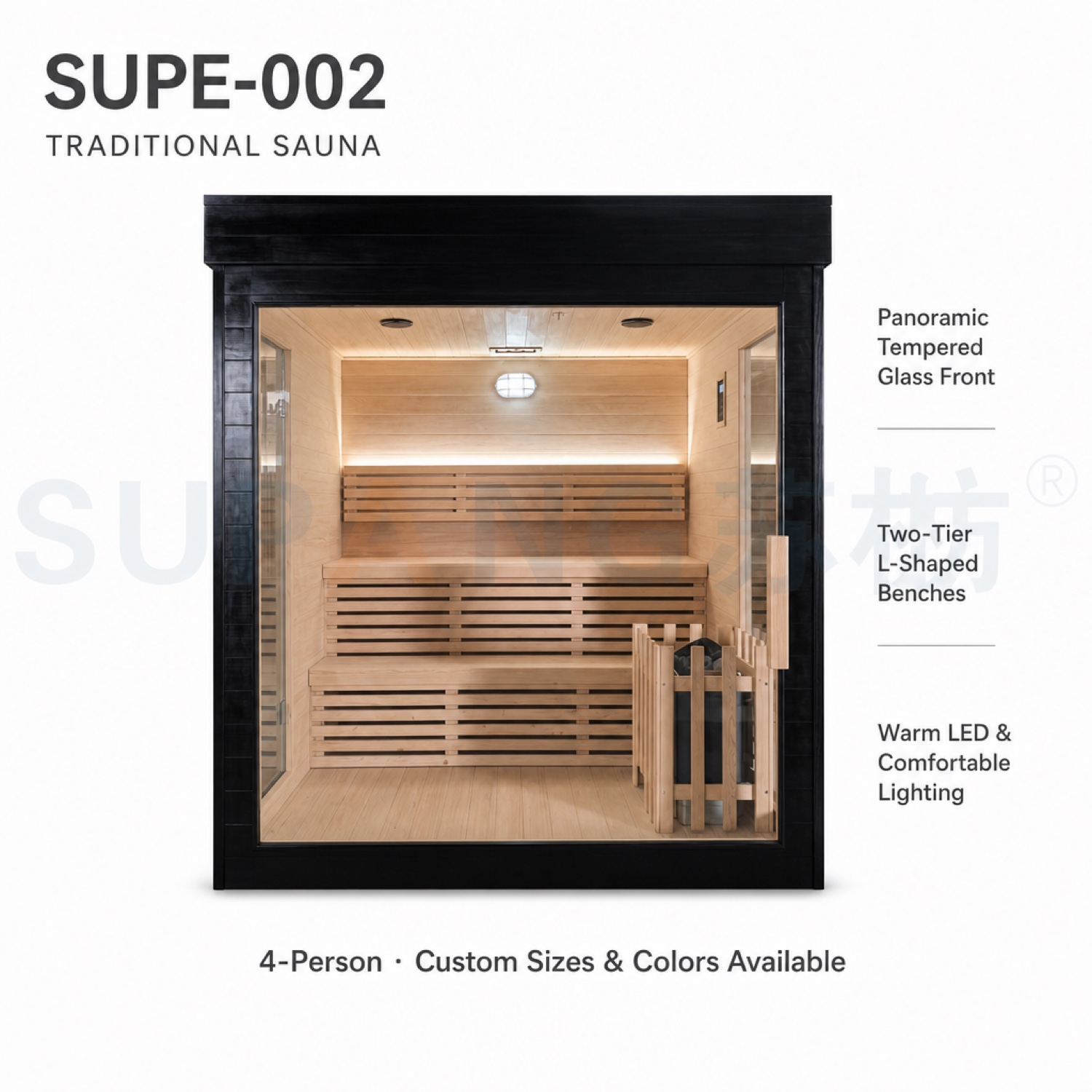 Overview — Cassina 4-person traditional sauna SUPE-002, 1800×1700×2000mm, 6000W stove, voltage 220-400V customizable