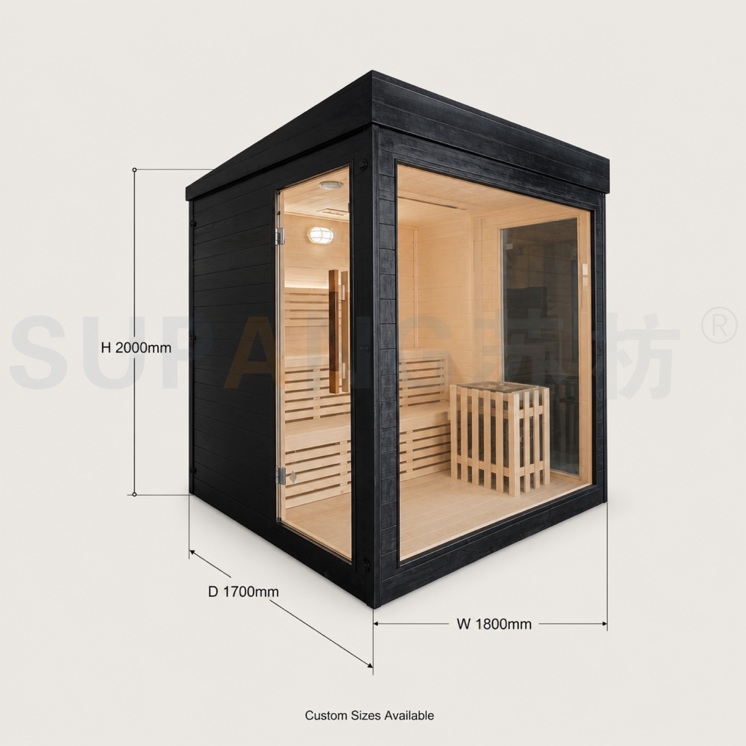 Dimensions — 1800×1700×2000mm · 6000W · four-person layout