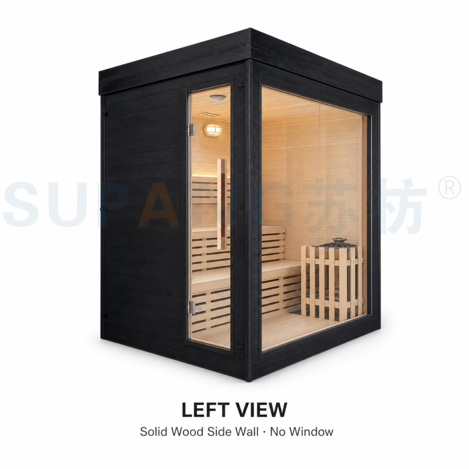 Left view — black-stained frame with full-glass front