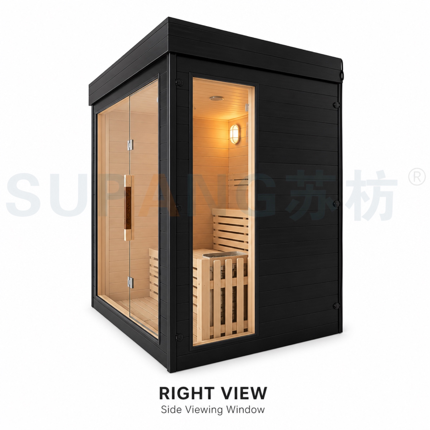 Right view — traditional stove with sauna stones and bench layout