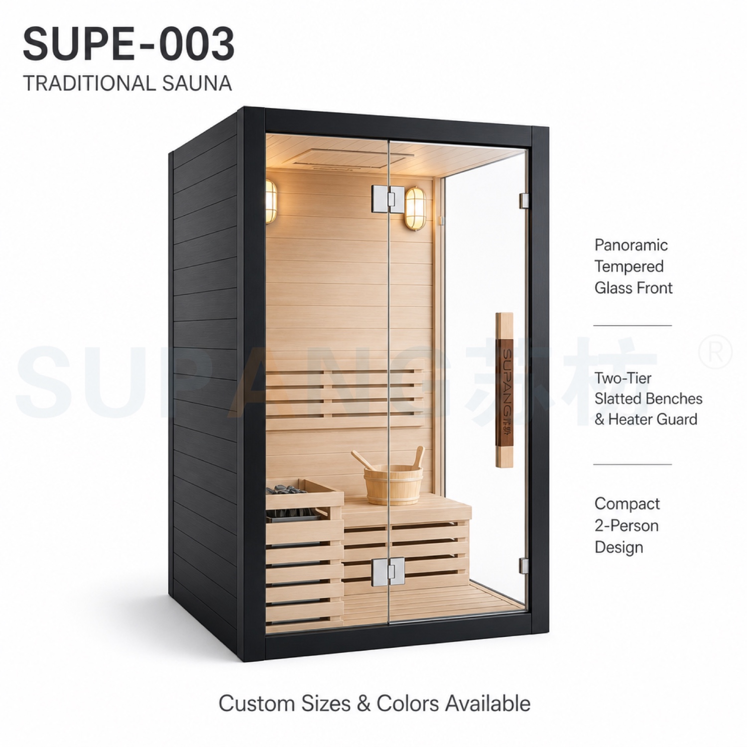 Overview — Cassina 2-person traditional sauna SUPE-003, 1500×1000×1900mm, 3000W stove, voltage 220-400V customizable