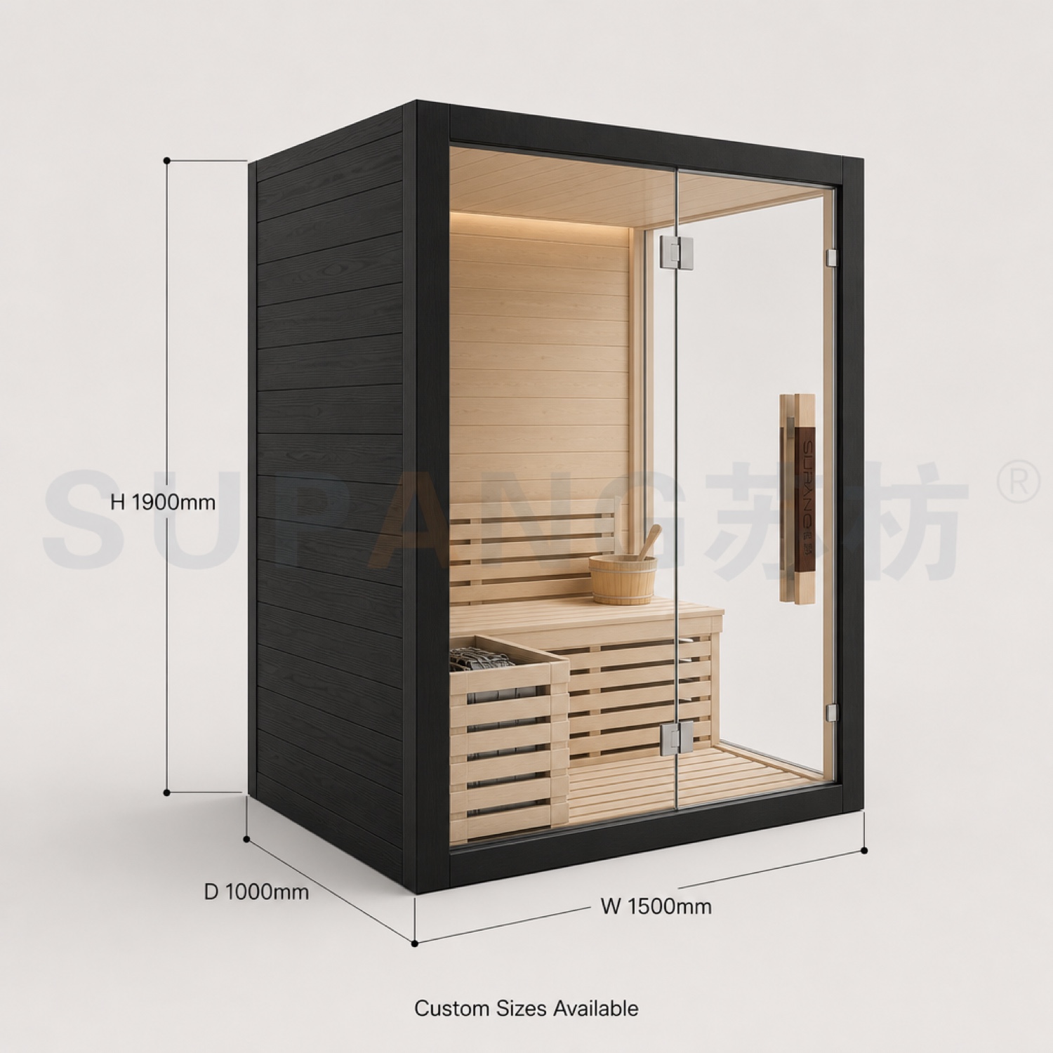 Dimensions — 1500×1000×1900mm · 3000W · two-person layout