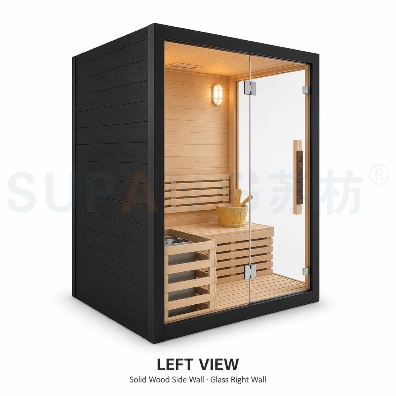 Left view — black-frame facade with frameless glass door