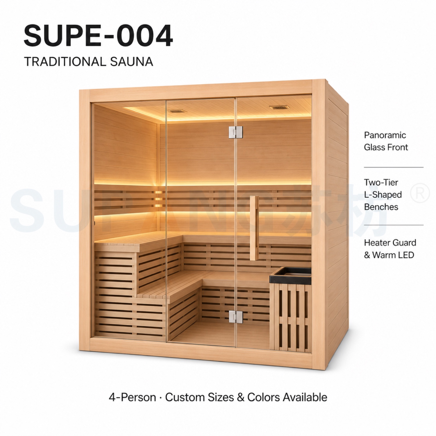 Overview — Cassina 4-person traditional sauna SUPE-004, 1800×1800×2100mm, 6000W stove, voltage 220-400V customizable