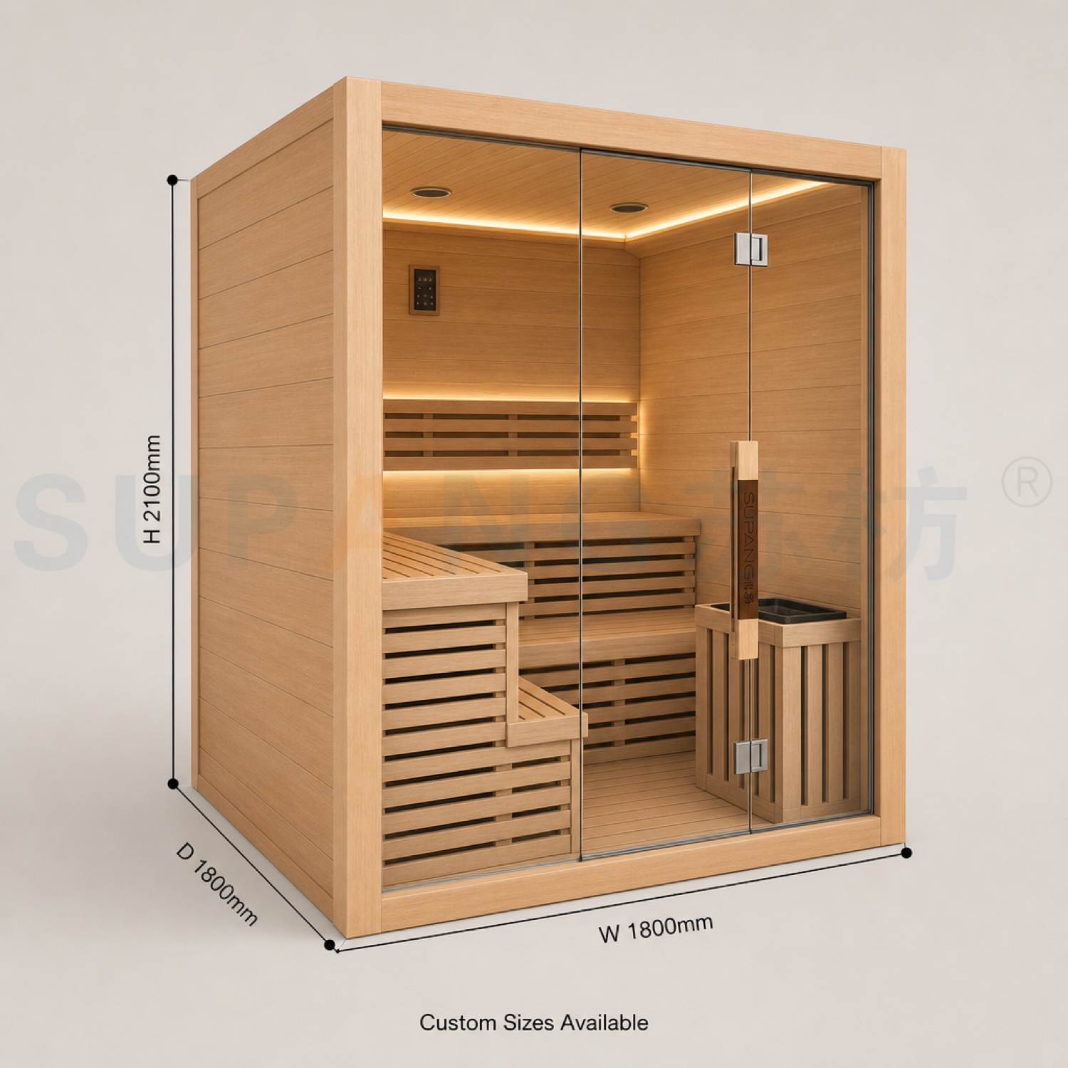 Dimensions — 1800×1800×2100mm · 6000W · 2100mm ceiling height