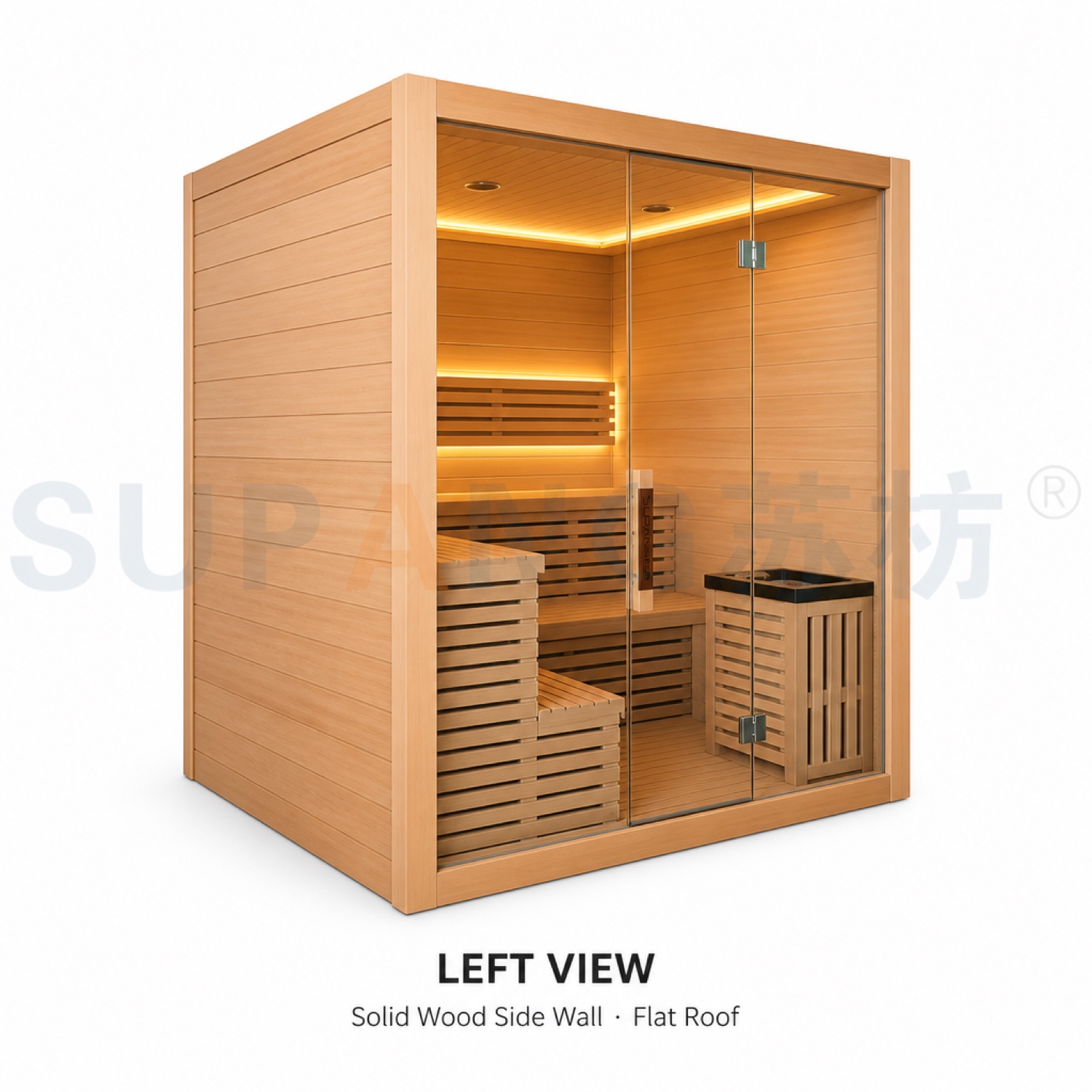 Left view — full-glass modern facade in light natural wood