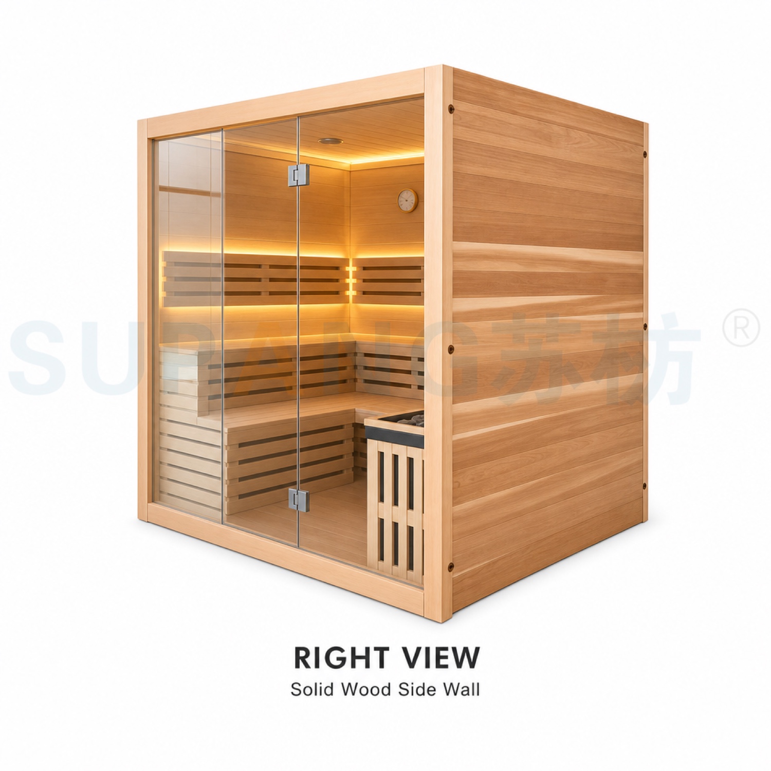 Right view — stove with sauna stones and L-shaped bench layout