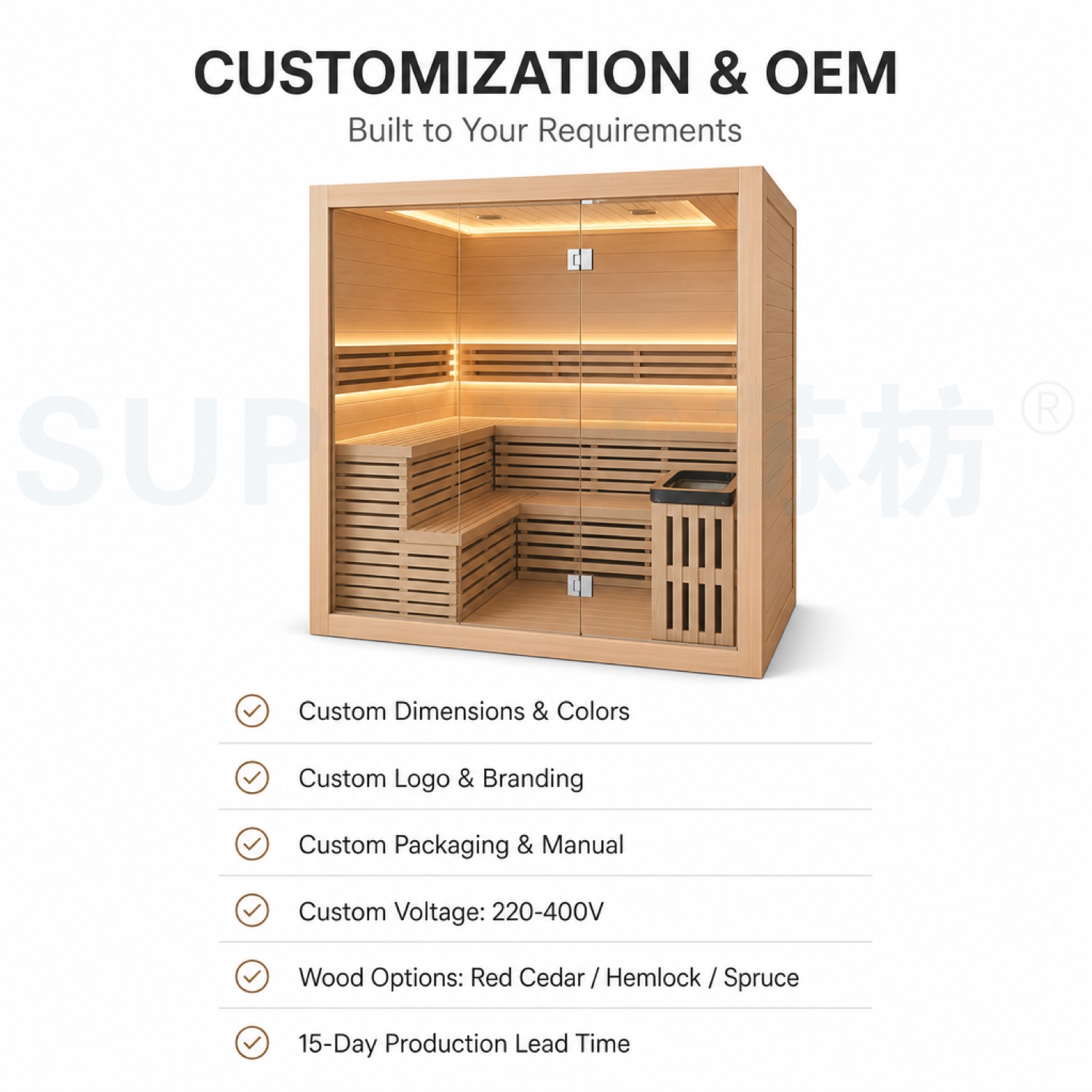 Customization — OEM/ODM · size, wood, color, logo, packaging, manual