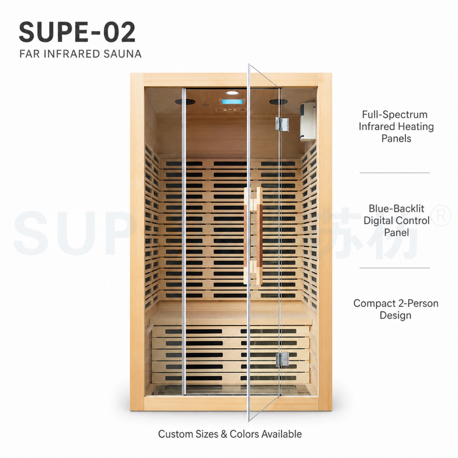 Overview — Cassina 2-person far-infrared sauna SUPE-02, 1200×1000×1900mm, 2200W, voltage 220-400V customizable