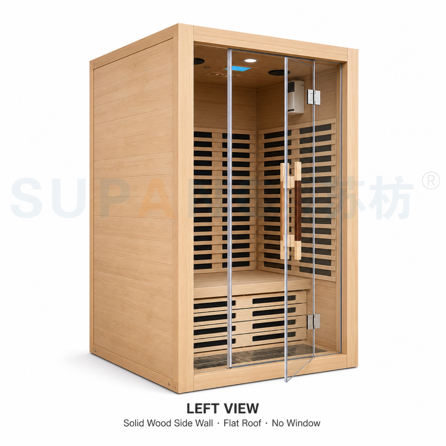 Left view — hemlock/cedar/spruce grain and full-glass front details