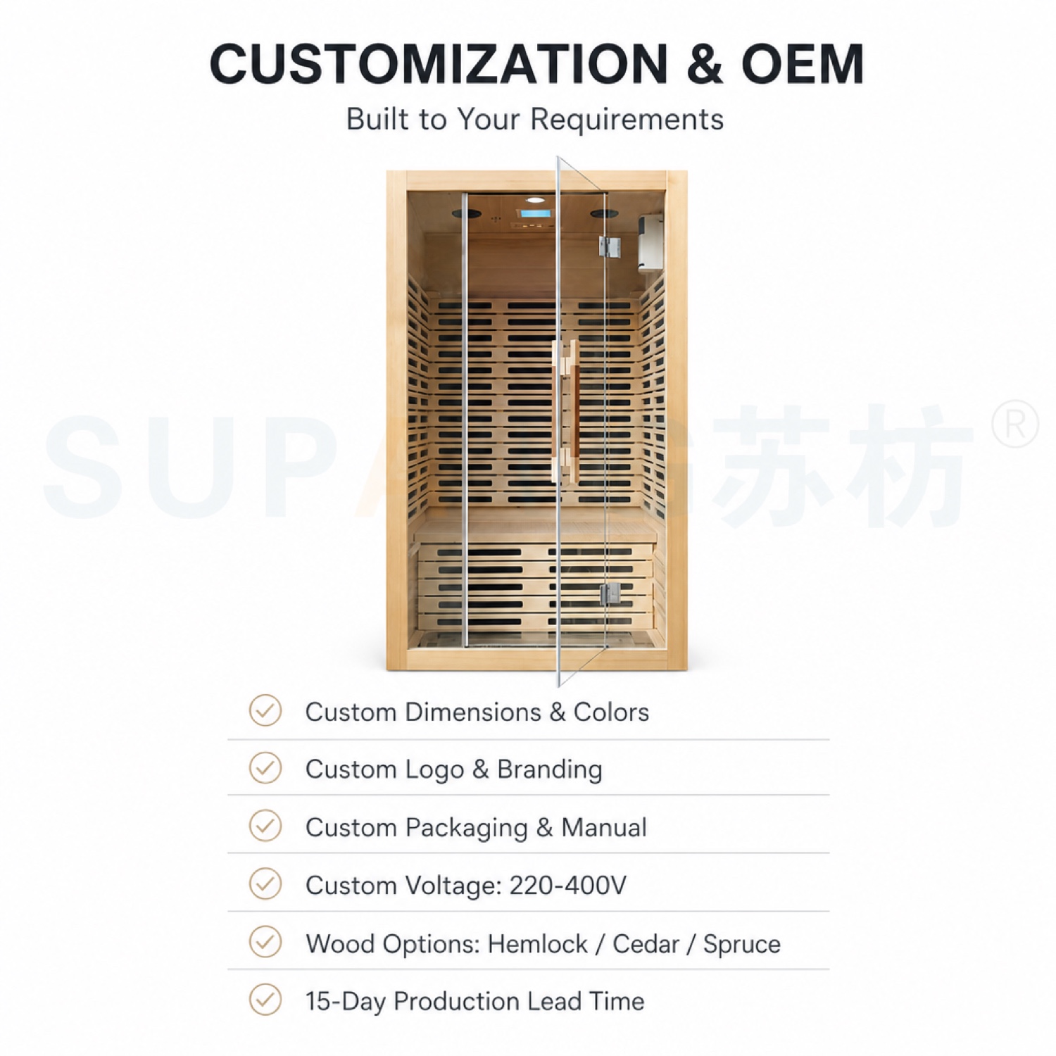 Customization — OEM/ODM · size, wood, color, logo, packaging, manual
