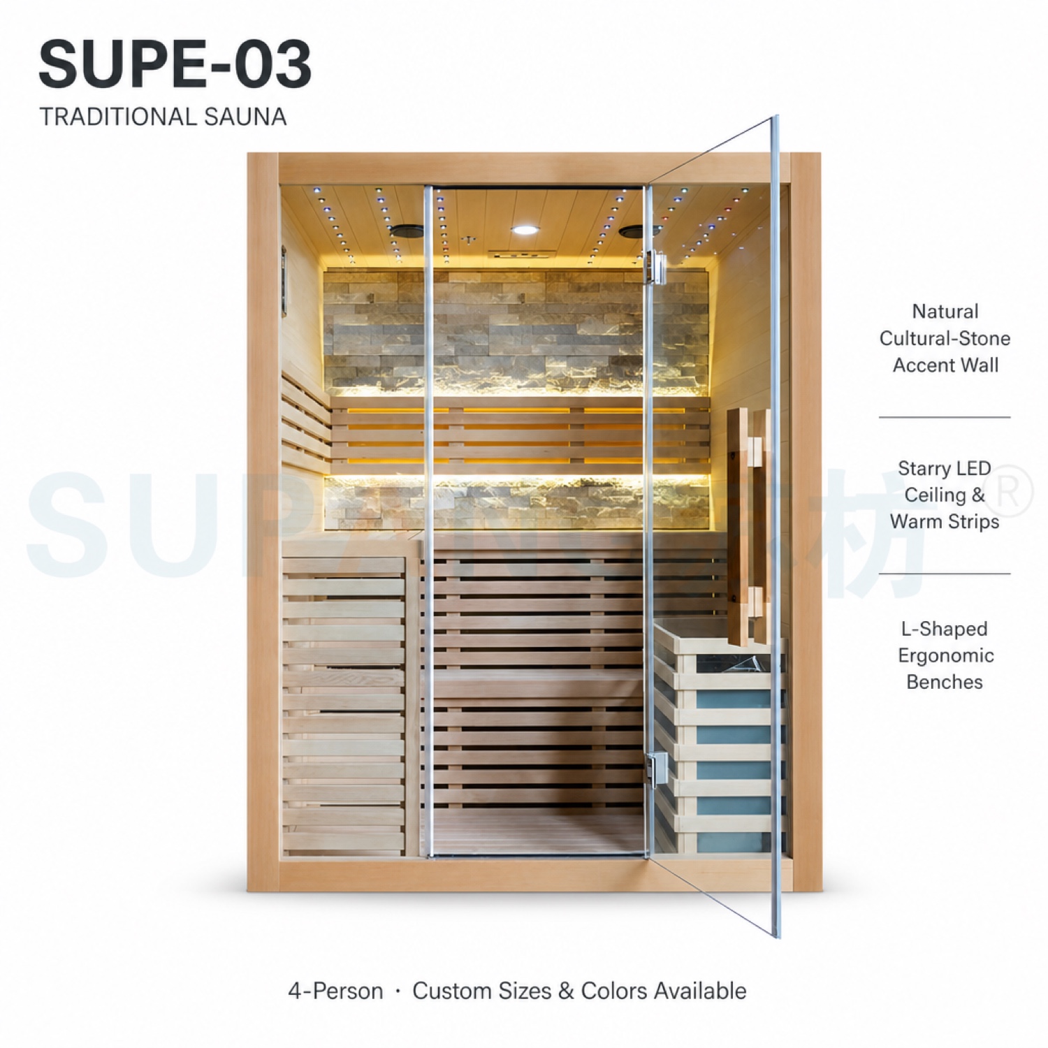 Overview — Cassina 4-person traditional sauna SUPE-03, 1500×1200×2000mm, 4000W stove, voltage 220-400V customizable
