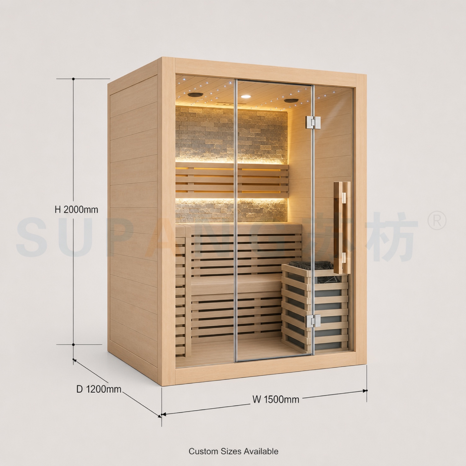 Dimensions — 1500×1200×2000mm · 4000W · 4-person layout