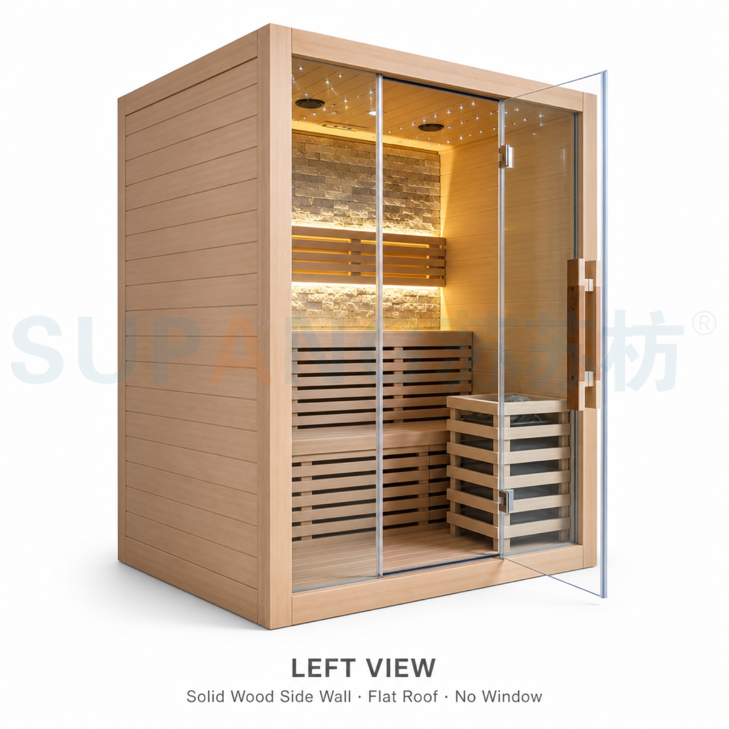 Left view — full-glass facade and interior bench layout