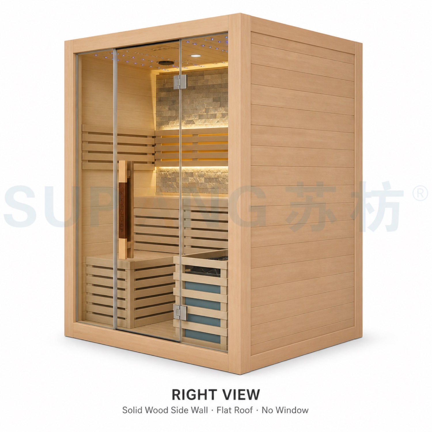Right view — traditional stove with sauna stones, LED ambience
